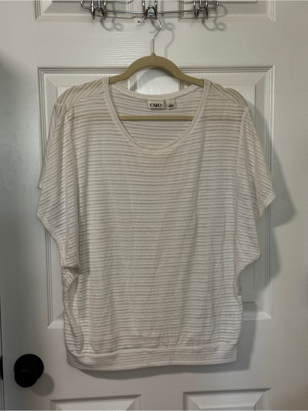 Cato White Striped Short Sleeve Scoop Neck Top